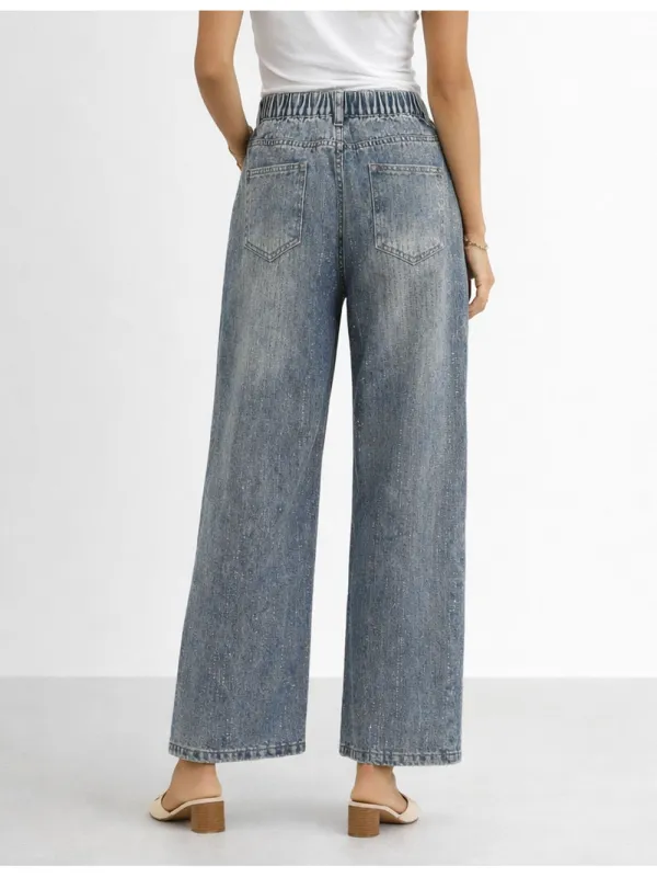 Allover Rhinestone Button Fly Wide Leg Denim Pants