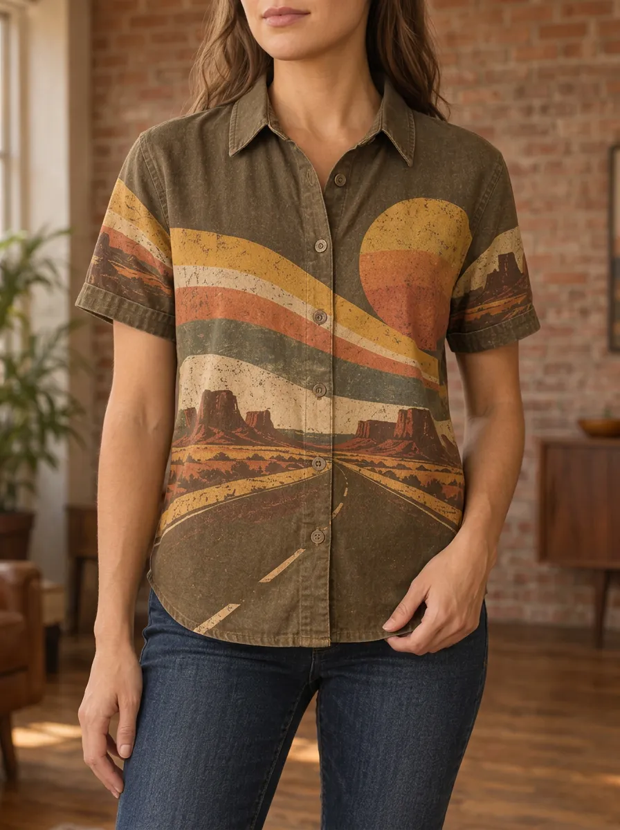 Women's Wilderness Retro Desert Landscape Sunset Shirt
