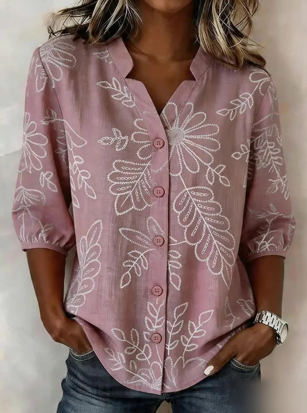 Women's Casual Short-Sleeve Positioning Print Cotton-Linen Top