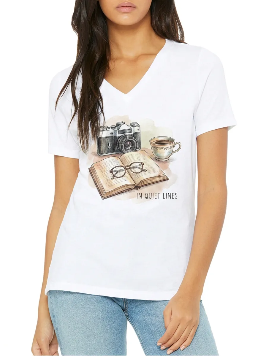 Women's Book Lover Camera Coffee Printed V-neck T-shirt
