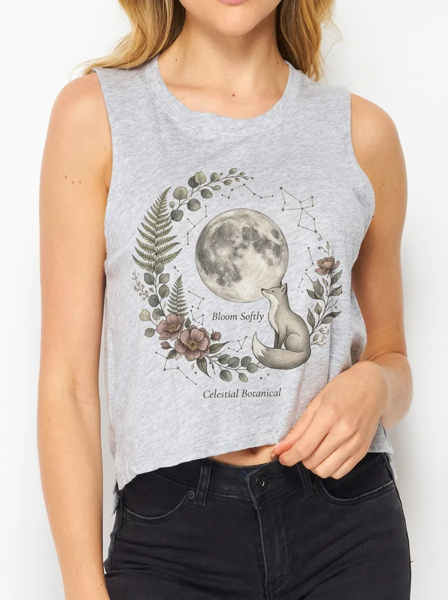Women's Celestial Fox Moon Botanical Printed Crop Tank Top
