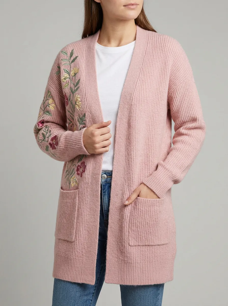 Women's Floral Lover Pink Embroidered Ribbed Cardigan