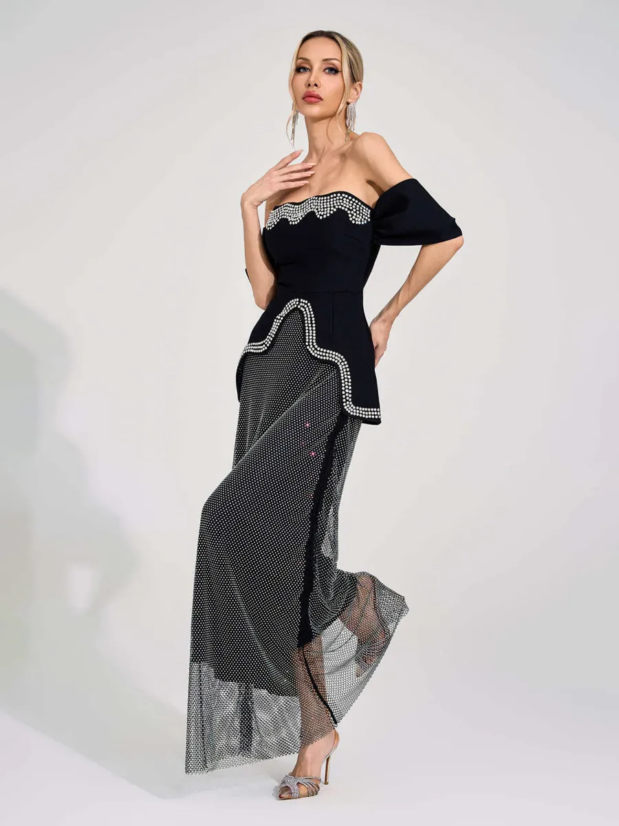 Arabella Black Rhinestone Maxi Skirt Set