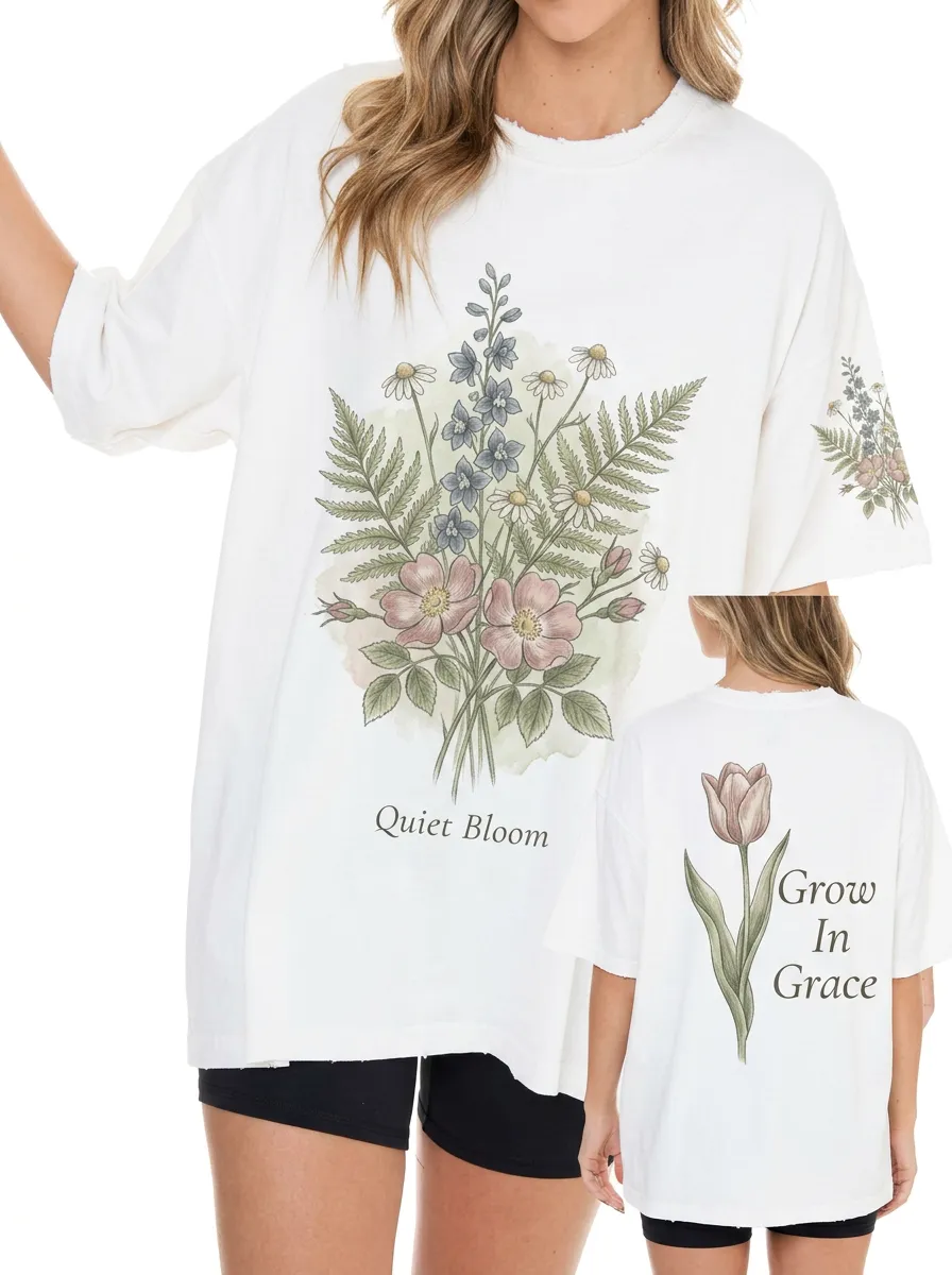 Women's Floral Quiet Bloom Grow In Grace Printed T-shirt