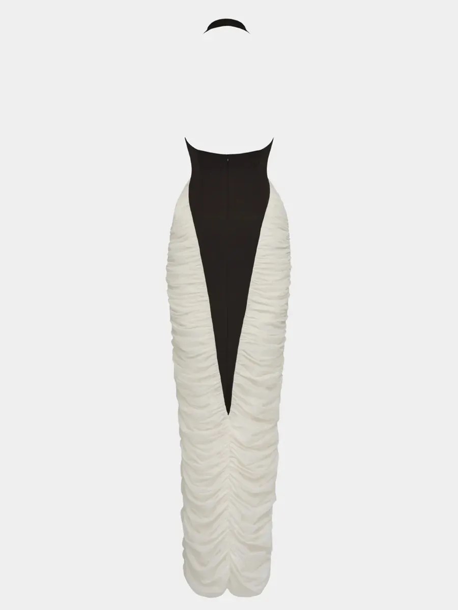 Mia Deep V-Neck Contrast Panel Evening Dress
