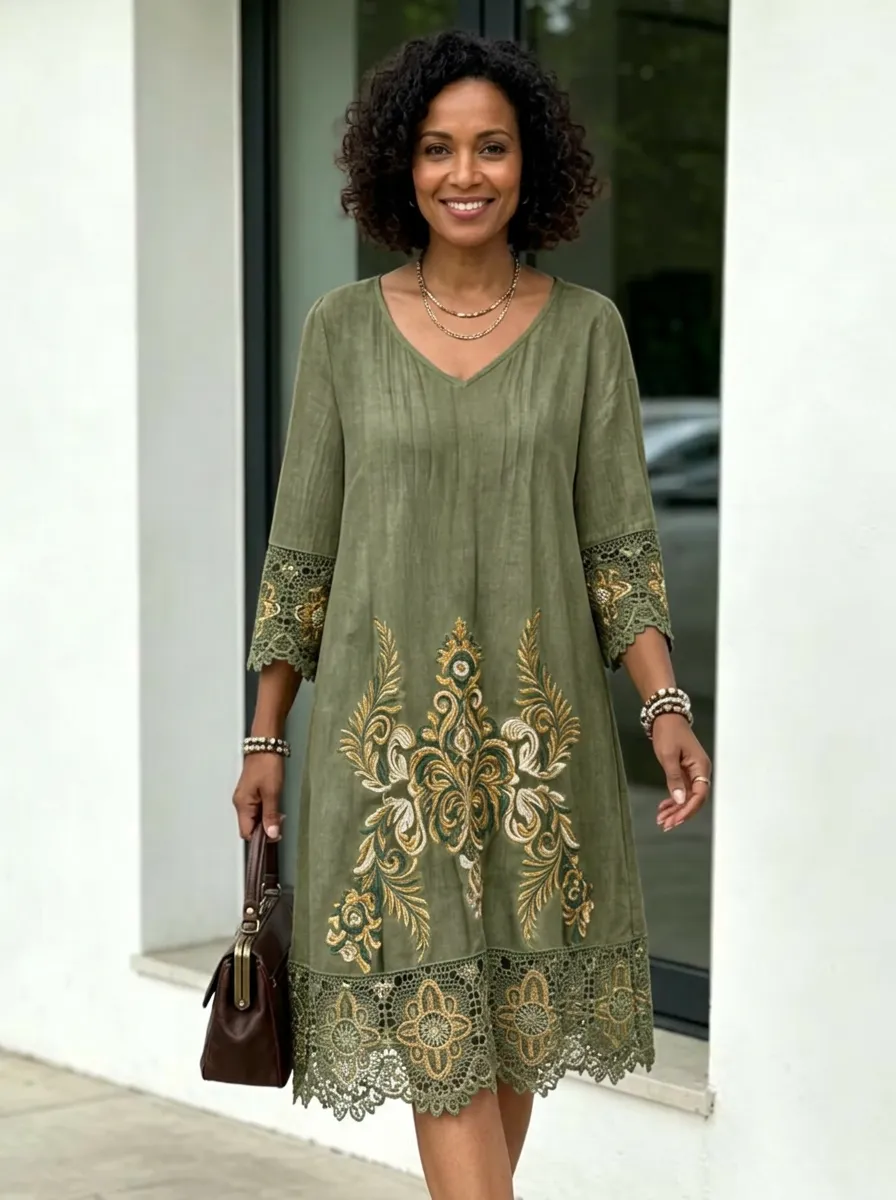 Women's Summer Vacation Olive Floral Embroidered Lace Trimmed Dress