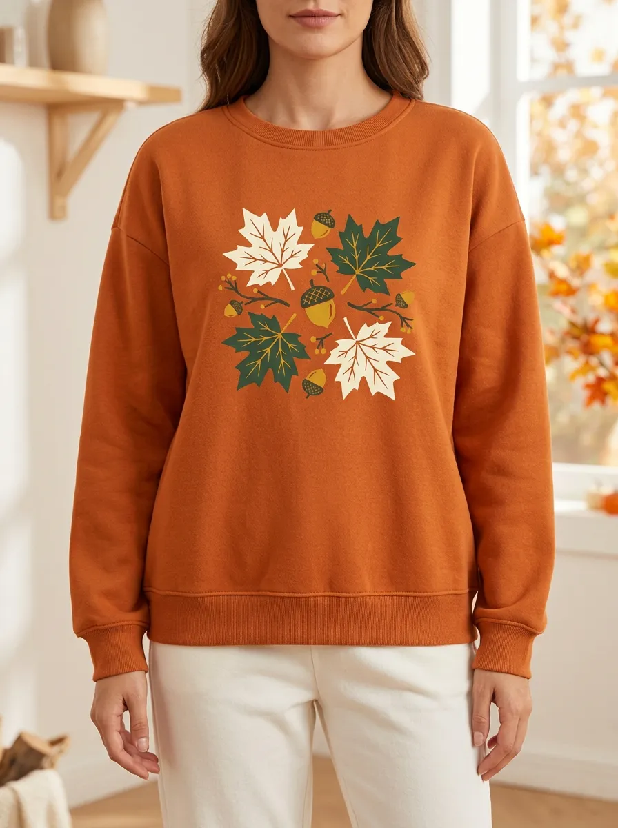 Autumnal Maple-Leaf Printed Acorn Graphic Sweatshirt