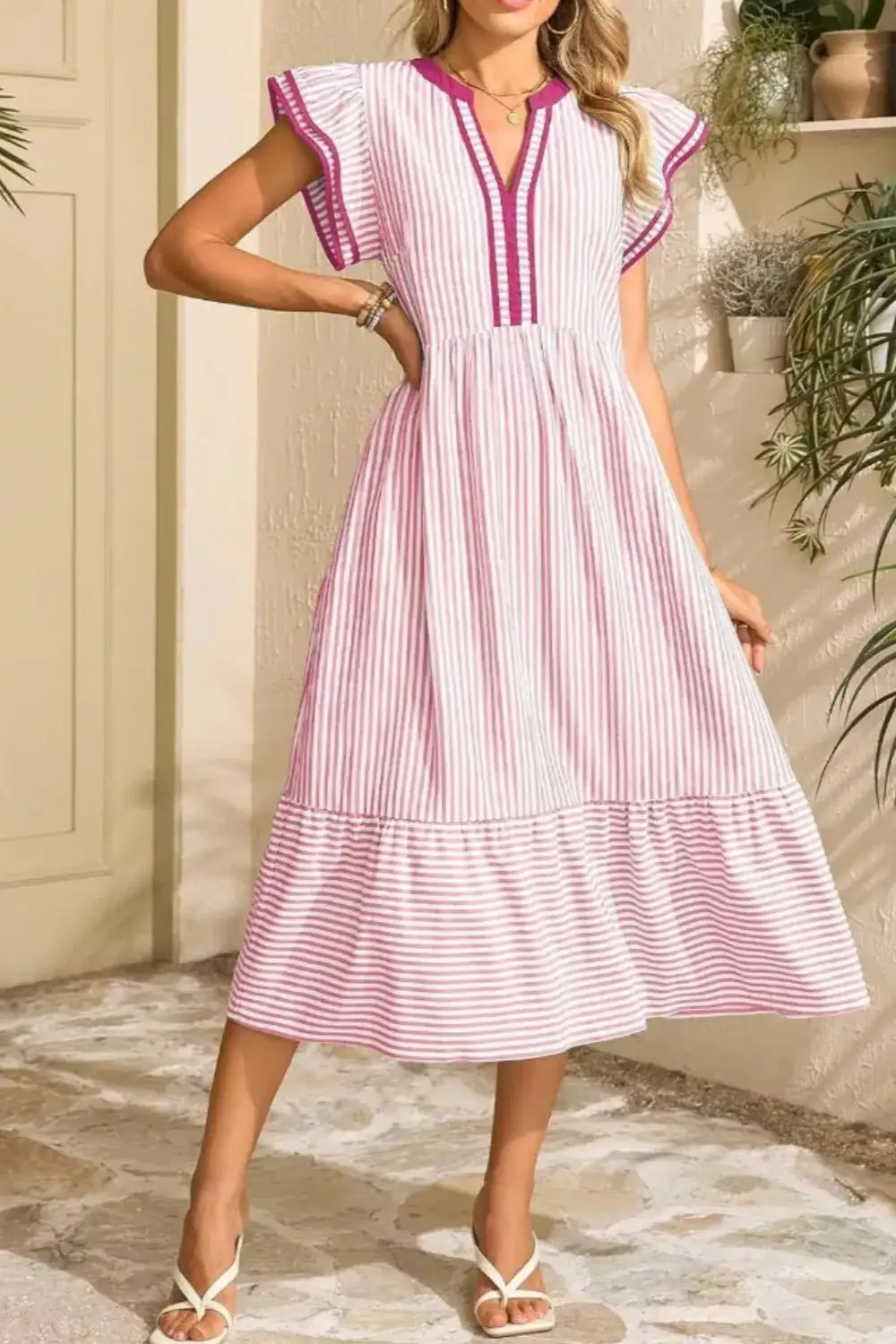 Striped Ruffle Midi Dress