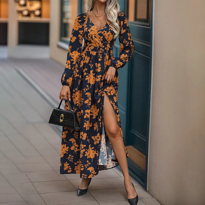 Women's V-Neck Floral Ruffled Bridal Maxi Dress