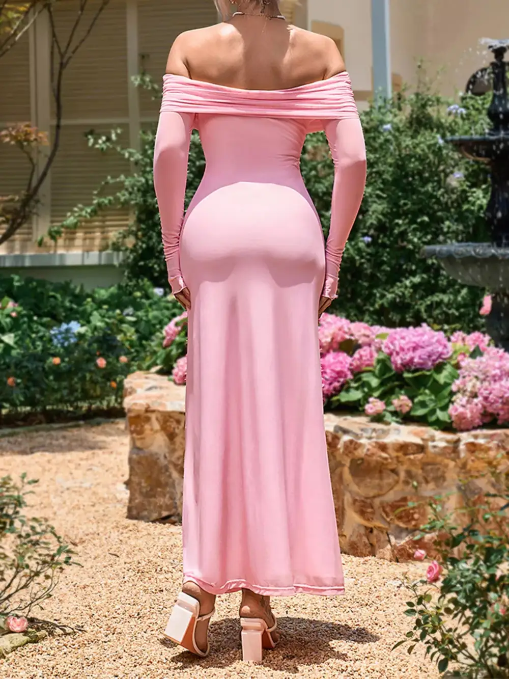 Off Shoulder Ruched Long Sleeve Maxi Dress