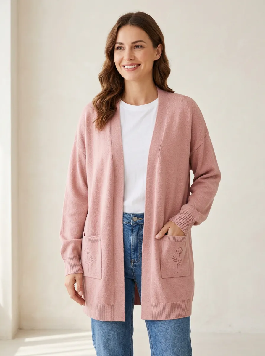 Pink Modern Floral Minimalist Embroidered Cardigan