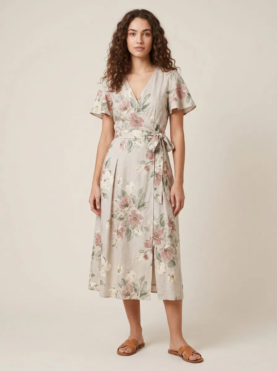 Women's Vintage Floral Botanical Printed Wrap Dress