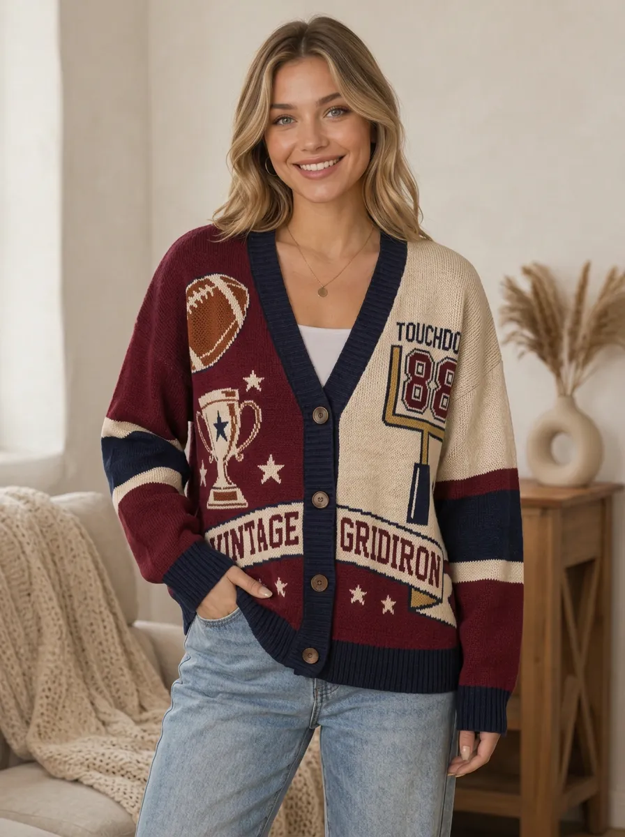 Women's Football Fan Vintage Gridiron Trophy Pattern Knitted Cardigan
