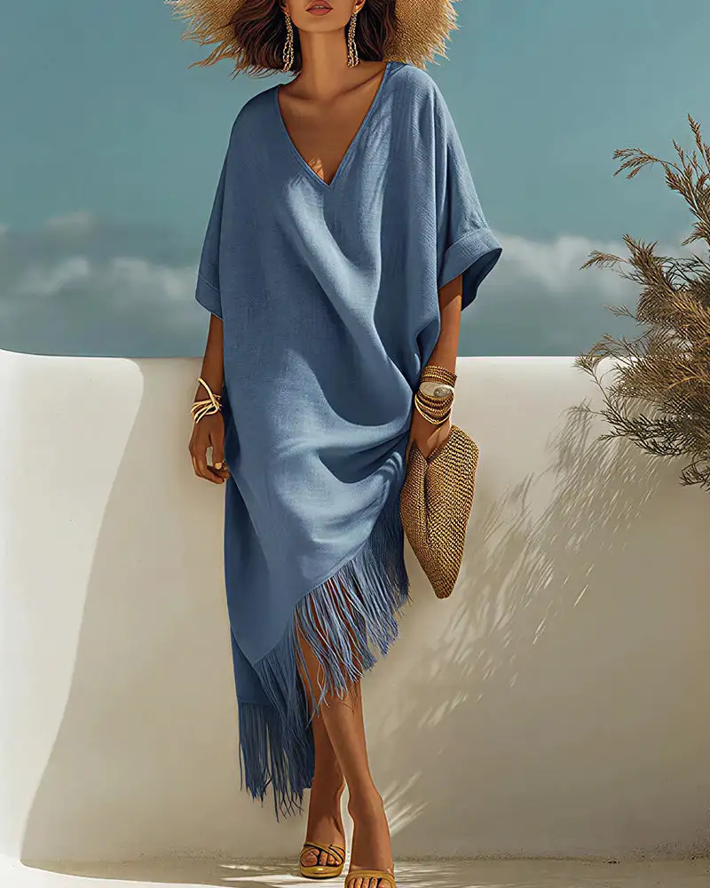 Bohemian V-Neck Fringe Midi Dress