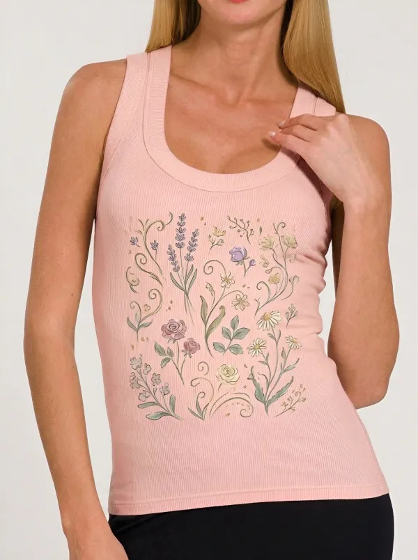 Women's Botanical Garden Floral Printed Ribbed Tank Top