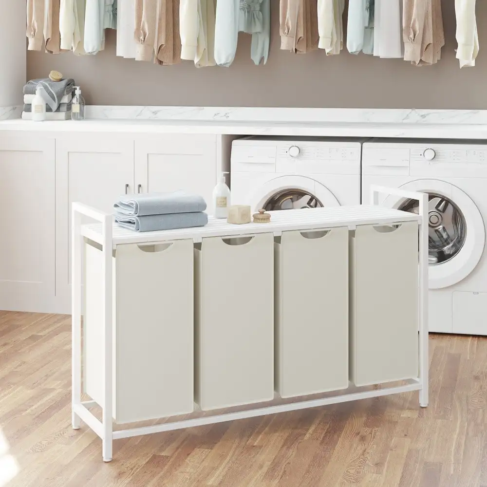 Four Compartment Pull Out Framed Laundry Sorting Hamper