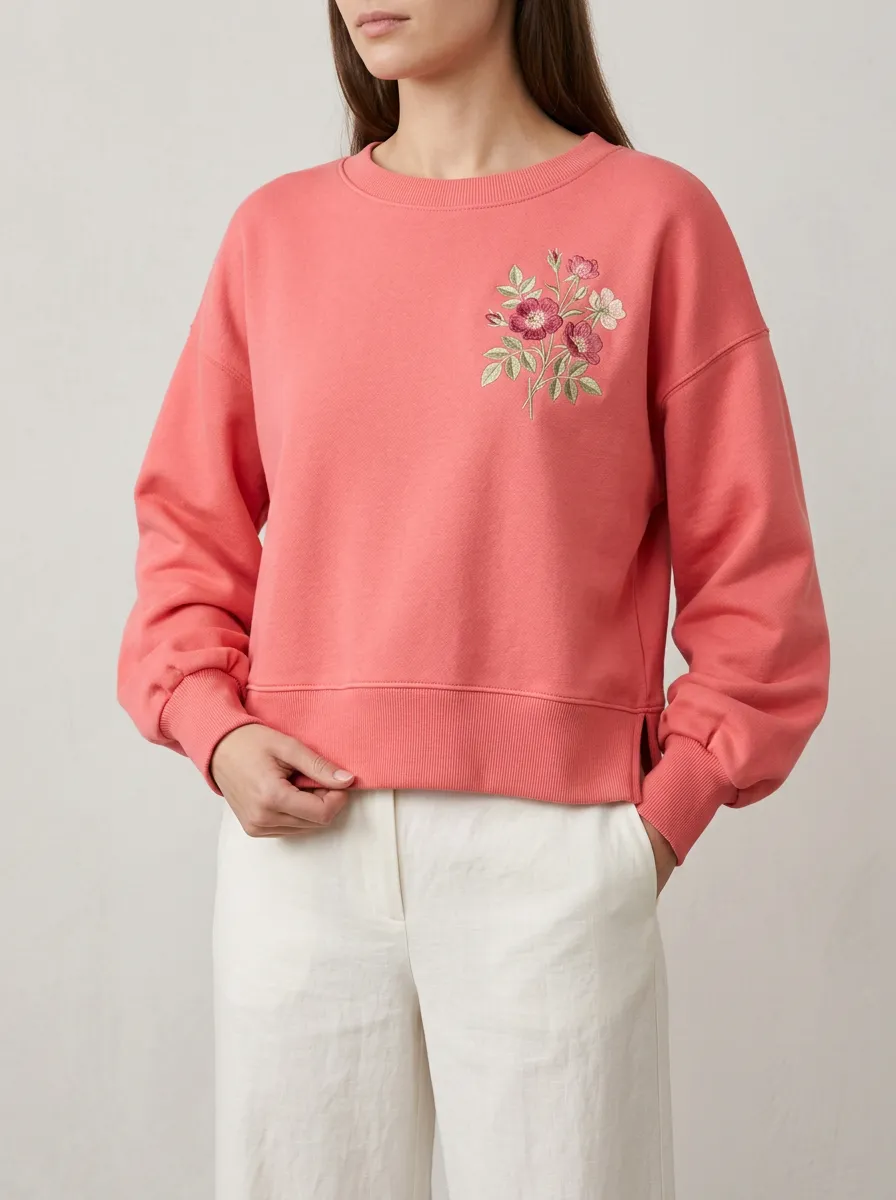 Women's Coral Floral Embroidered Crewneck Sweatshirt