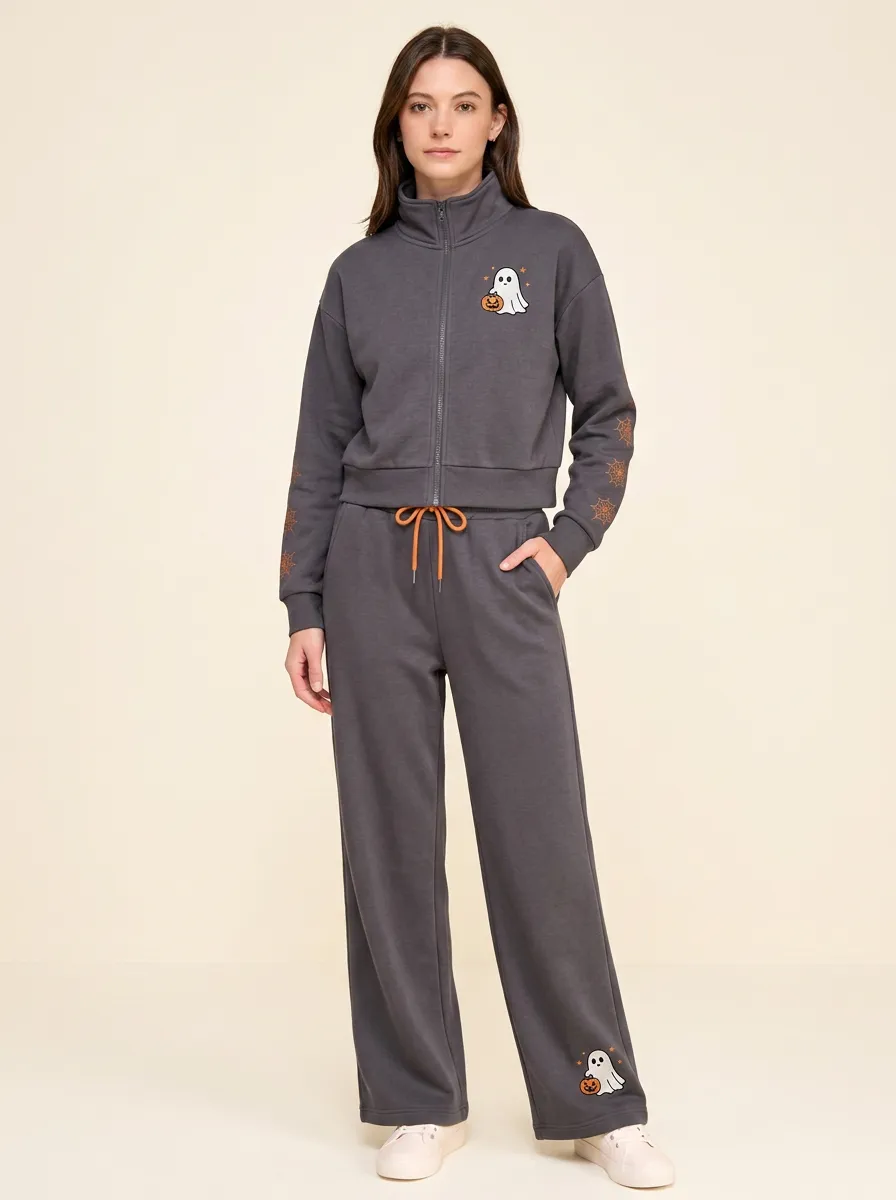 Women's Halloween Ghost Pumpkin Printed Zip-up Tracksuit