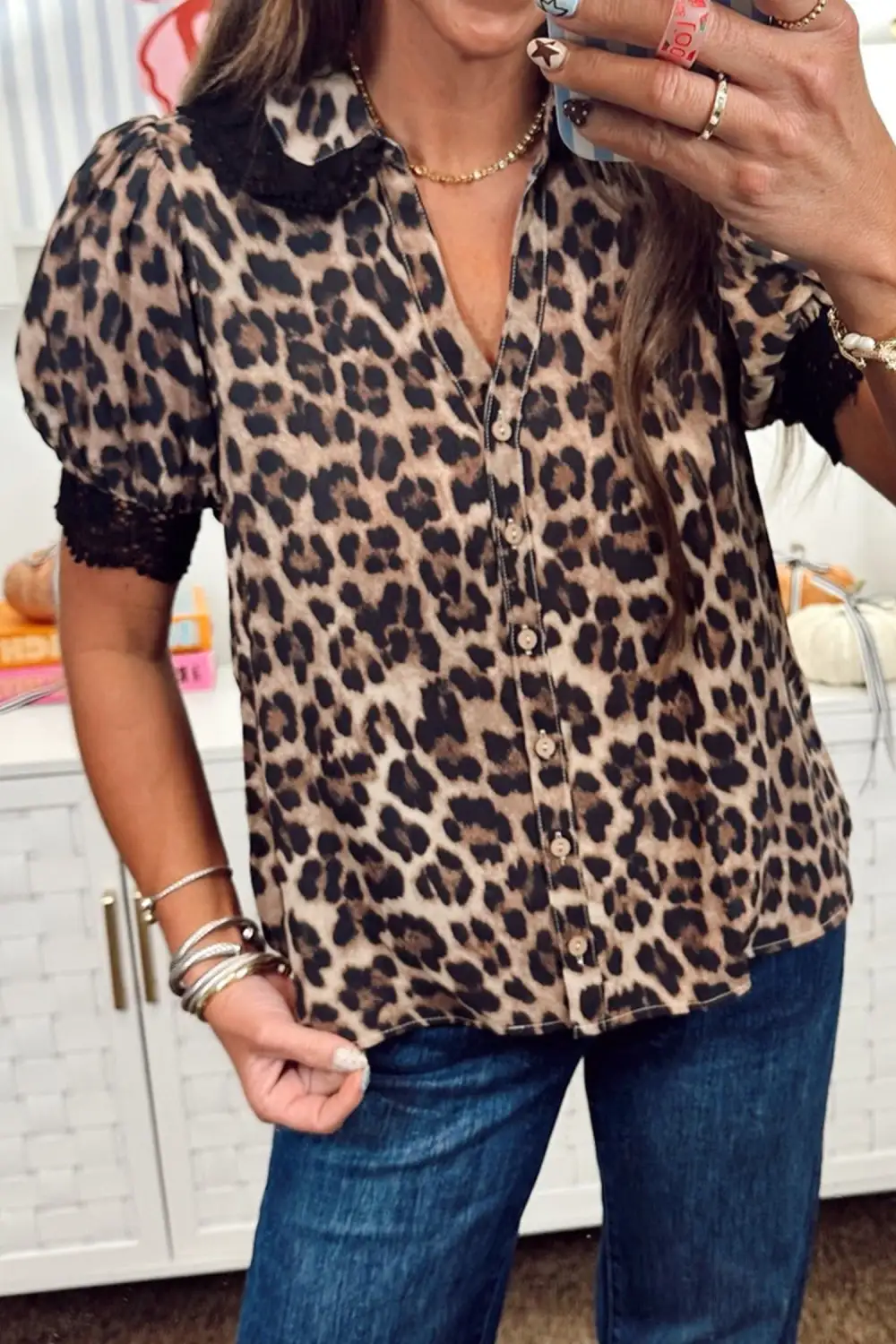 Leopard Print Lace Trim Button Front Shirt Blouse
