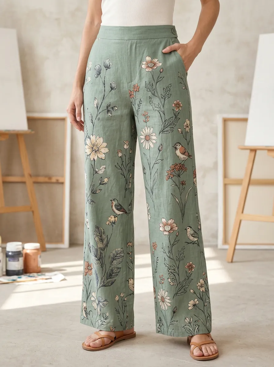 Women's Nature Lover Bird and Wildflower Printed Wide Leg Pants