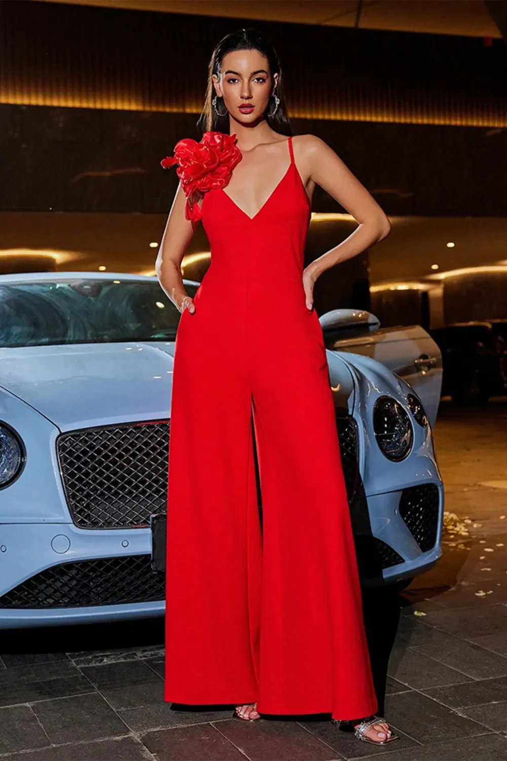Nalani Deep-V Flower Jumpsuit In Red