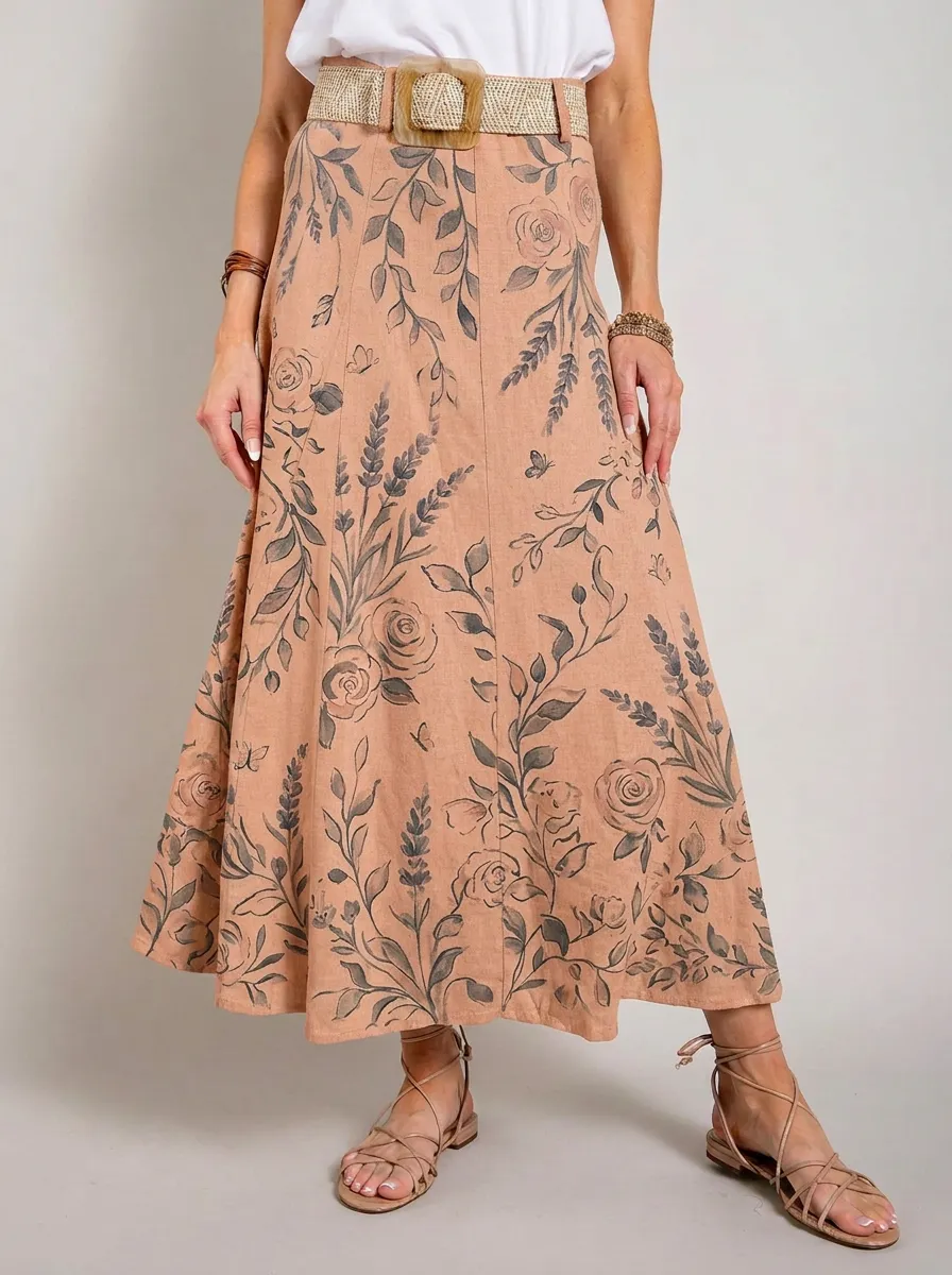 Women's Floral Botanical Lavender Rose Printed Maxi Skirt