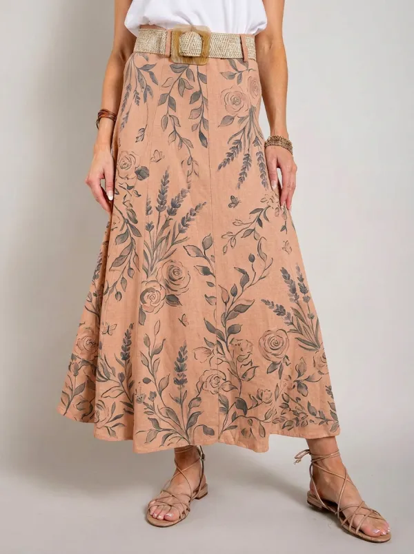 Women's Floral Botanical Lavender Rose Printed Maxi Skirt