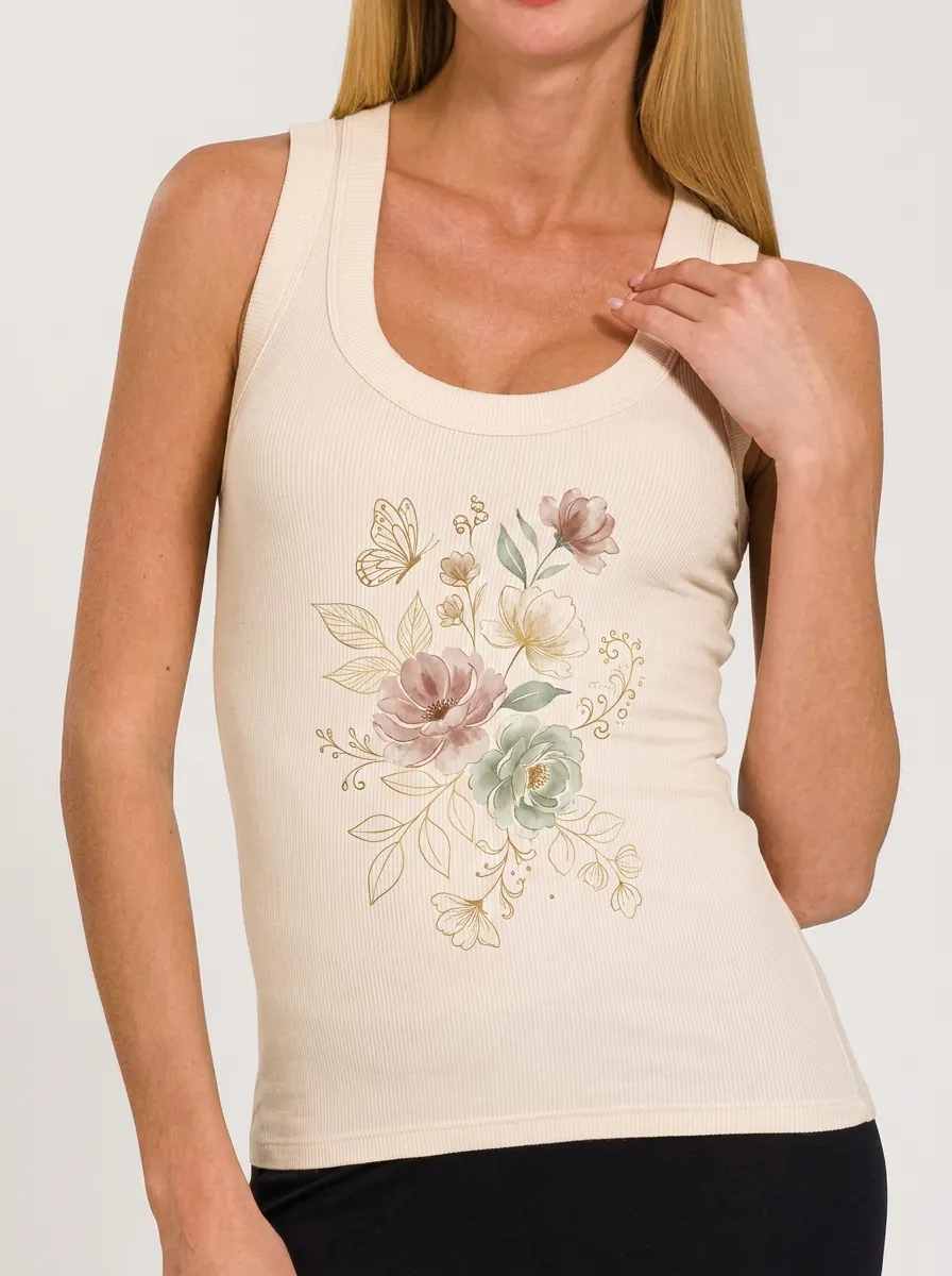 Women's Floral Butterfly Nature Lover Printed Ribbed Tank Top
