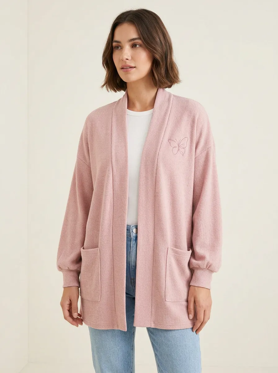Pink Casual Butterfly Minimalist Line Art Print Cardigan