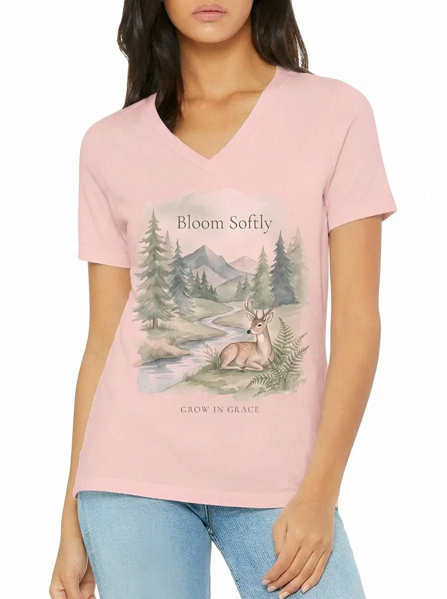 Women's Nature Lover Deer Forest Watercolor Printed V-neck T-shirt