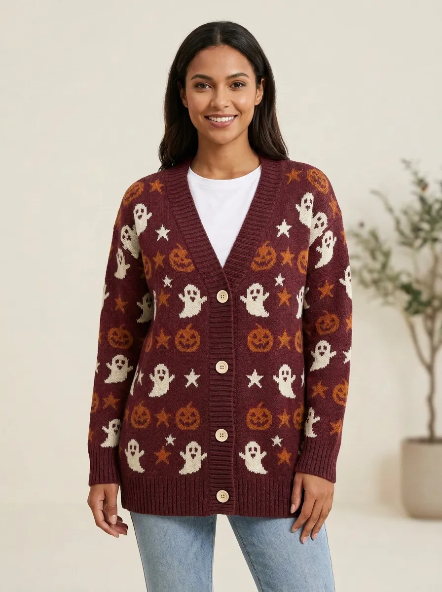 Women's Ghost Pumpkin Star Halloween Knit Cardigan