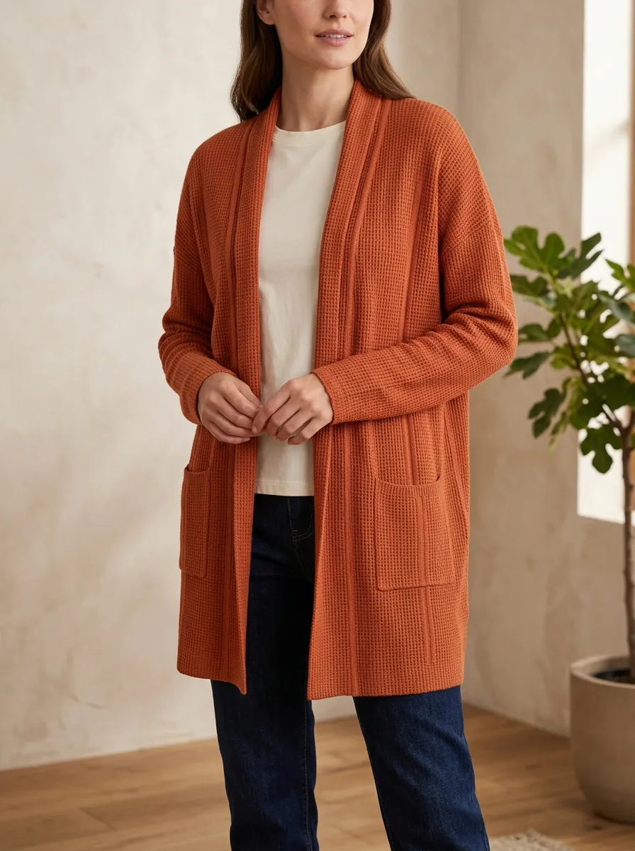 Easygoing Waffle-Knit Knit Cardigan