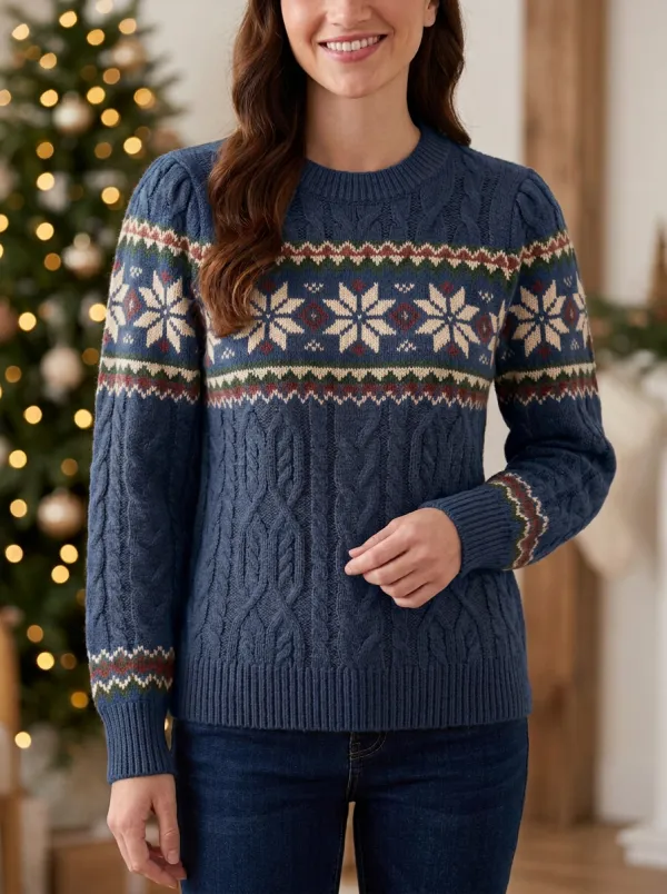 Christmas Holiday Snowflake Fair Isle Cable Knit Sweater