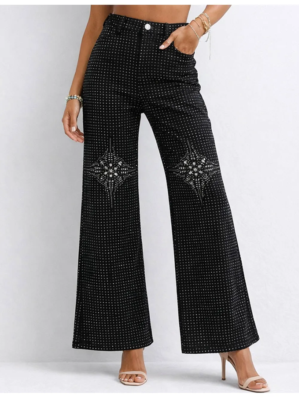 Chic Rhinestone Sparkle Button Wide Leg Denim Pants