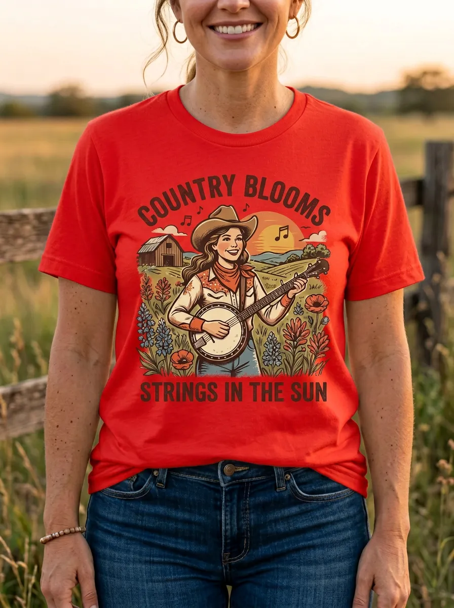Americana Banjo Floral Country Music Graphic T-Shirt
