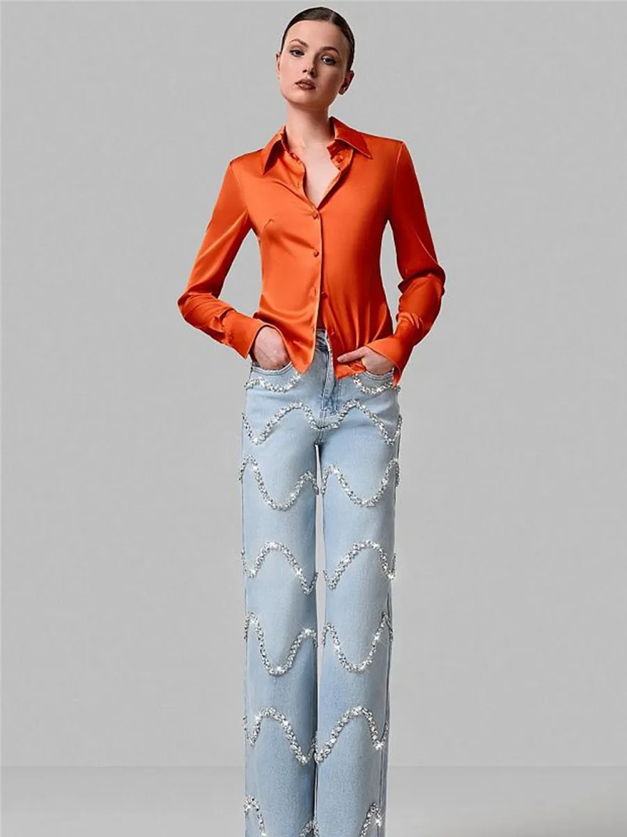 Lucienne Curved Rhinestone-Paneled Jeans