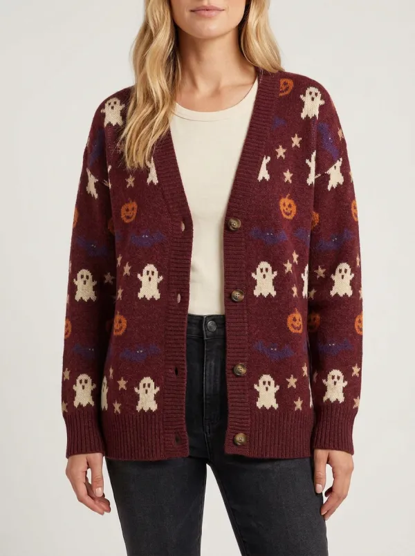 Women's Halloween Ghost Pumpkin Bat Pattern Knitted Cardigan