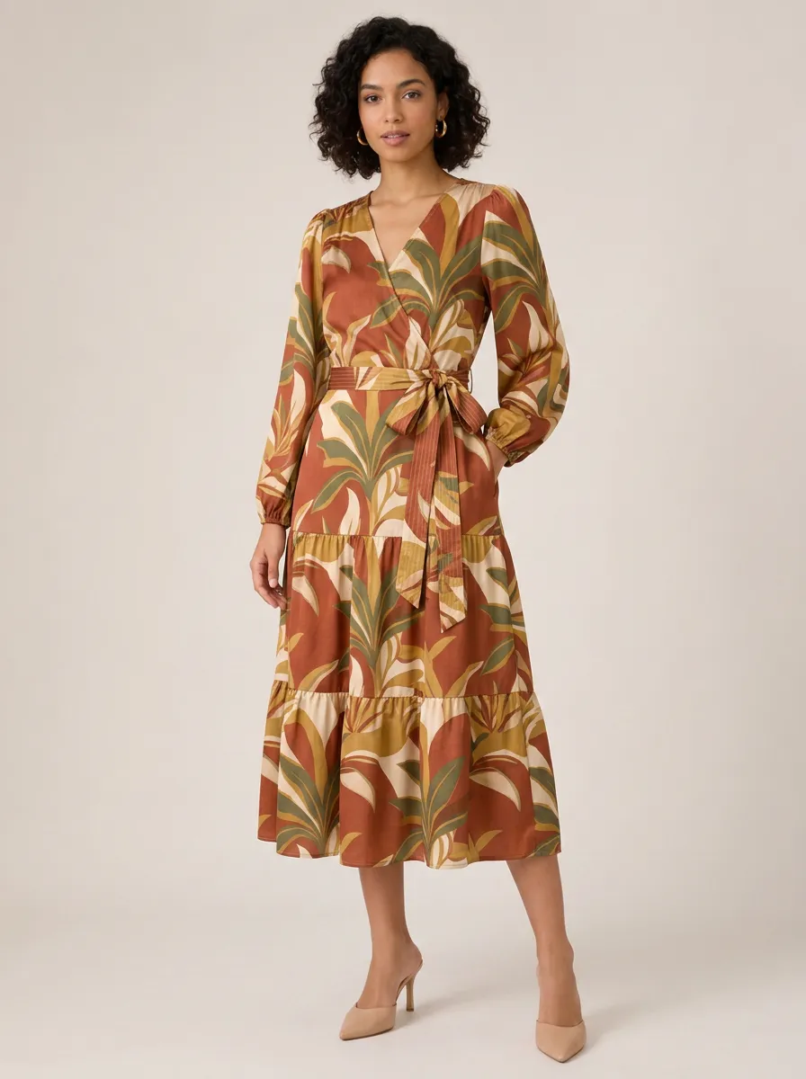 Women's Tropical Botanical Leaf Printed Wrap Midi Dress