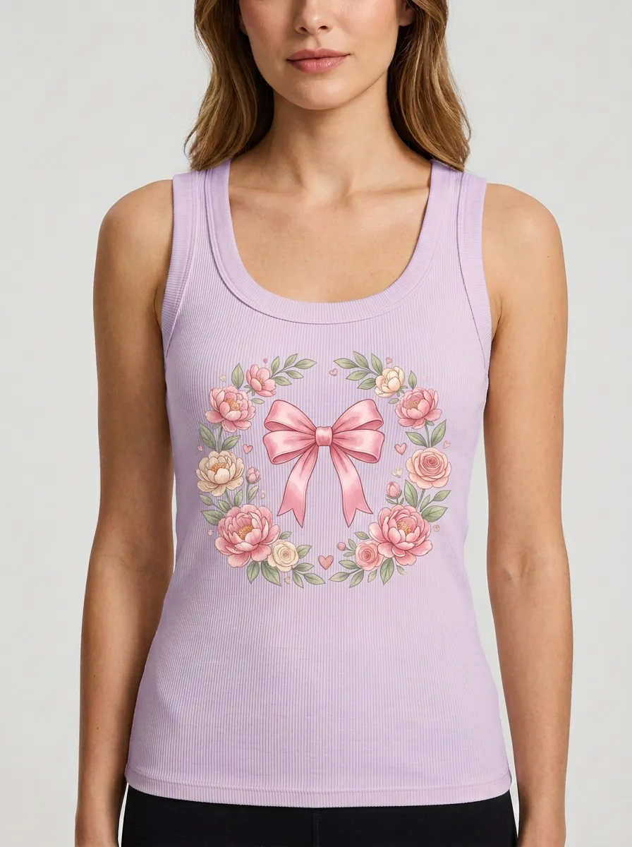 Women's Breast Cancer Awareness Pink Bow Floral Wreath Printed Tank Top