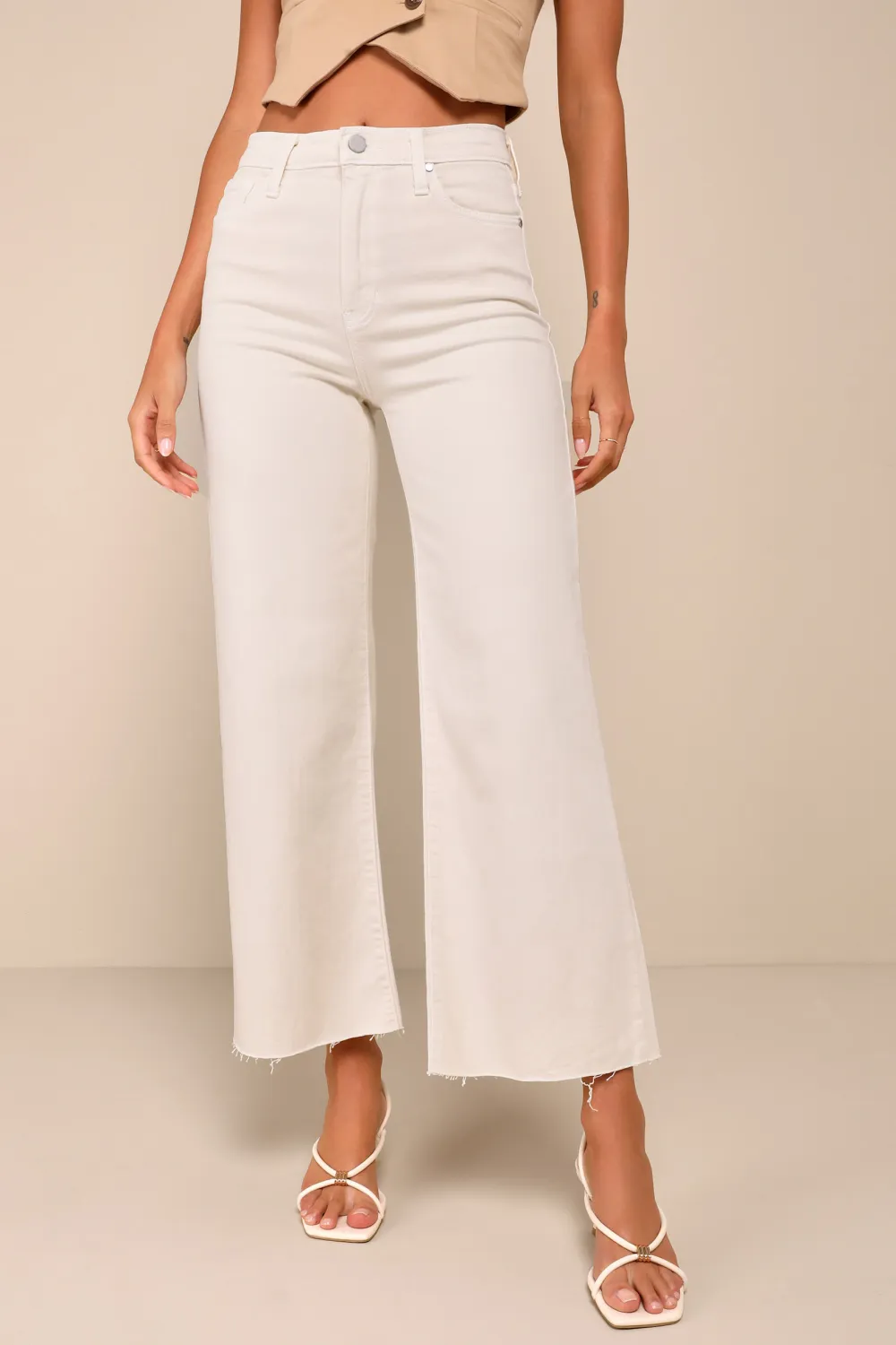 Casual Style Cream Wide-Leg Raw Hem Jeans