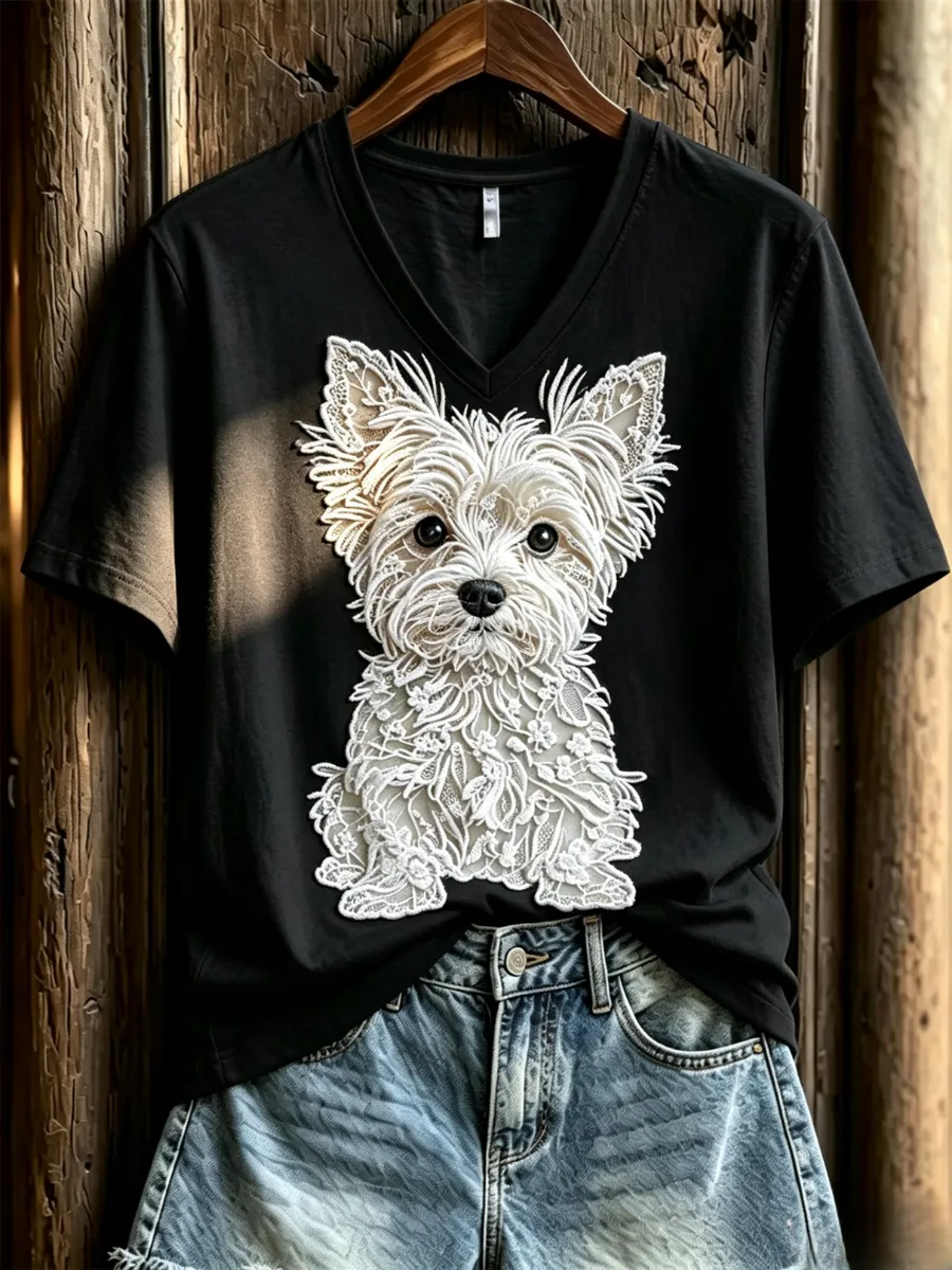 Women'S Dog Love Day Lace Art Pattern Printed V-Neck T-Shirt