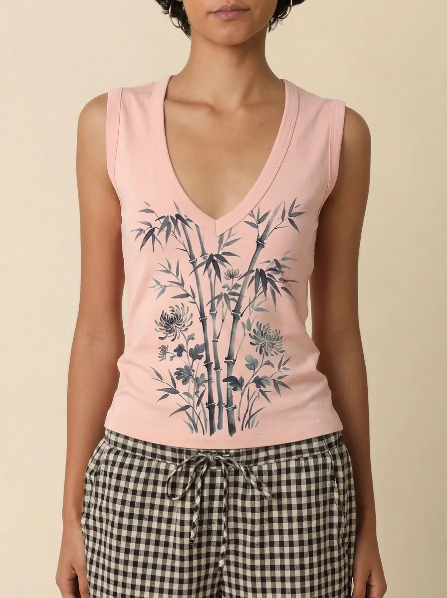Women's Zen Bamboo Chrysanthemum Floral Printed tank top