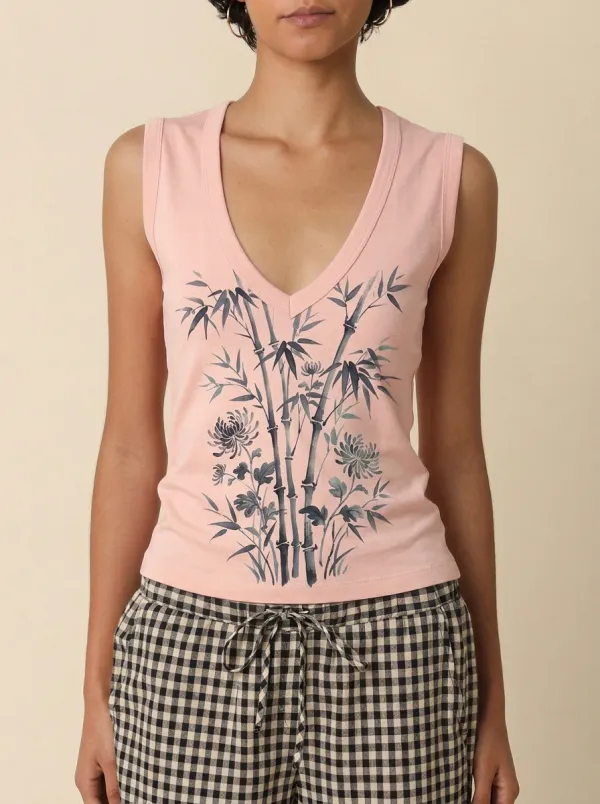 Women's Zen Bamboo Chrysanthemum Floral Printed tank top