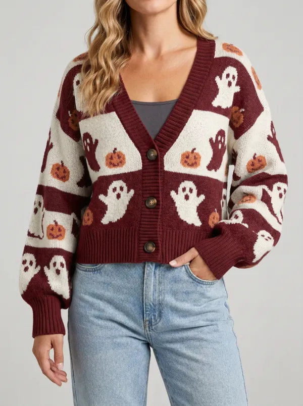 Women's Halloween Ghost Pumpkin Pattern Knitted Cardigan