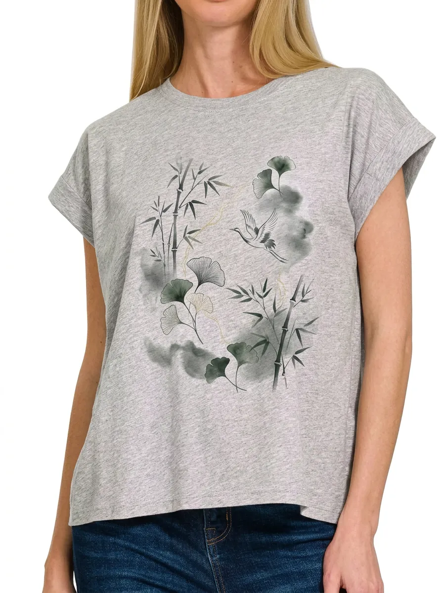 Women's Zen Nature Lover Bamboo Crane Ginkgo Printed T-shirt