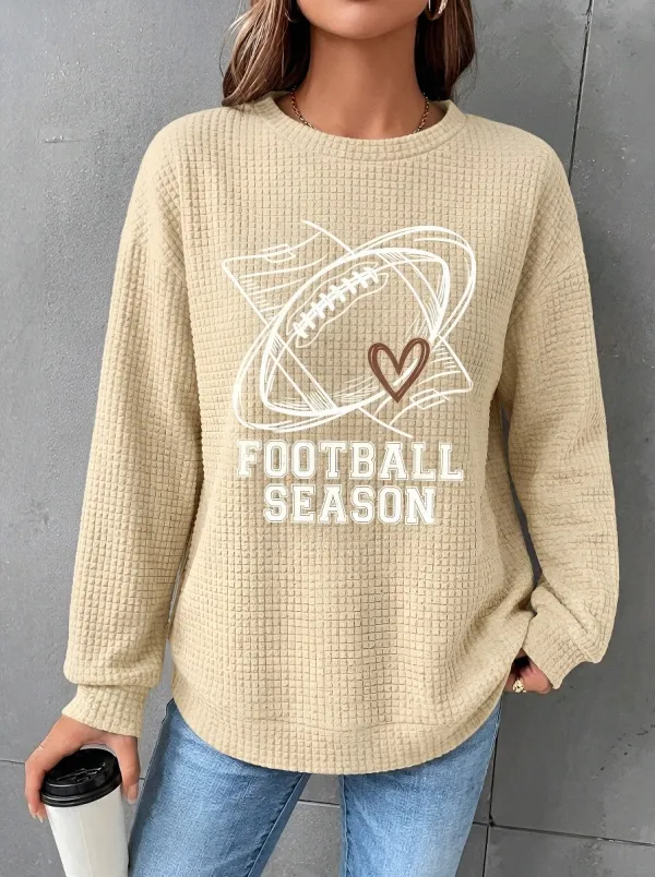 Women's Football Season Heart Graphic Printed Waffle Knit Sweatshirt