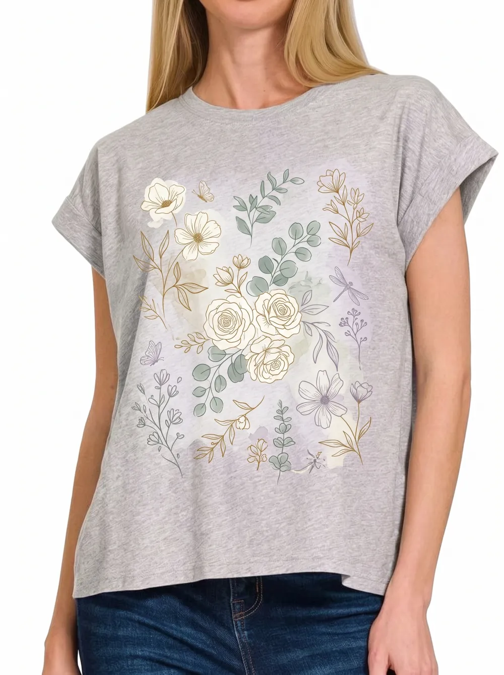 Women's Botanical Floral Butterfly Printed T-shirt