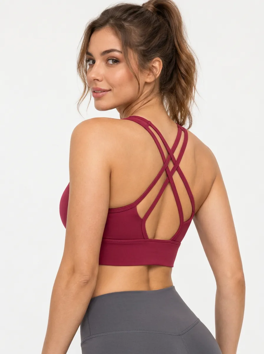 Women's Burgundy Printed Cross Back Sports Bra