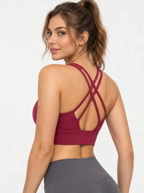 Women's Burgundy Printed Cross Back Sports Bra