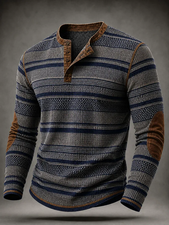 Men'S Western Striped Printed Waffle Top